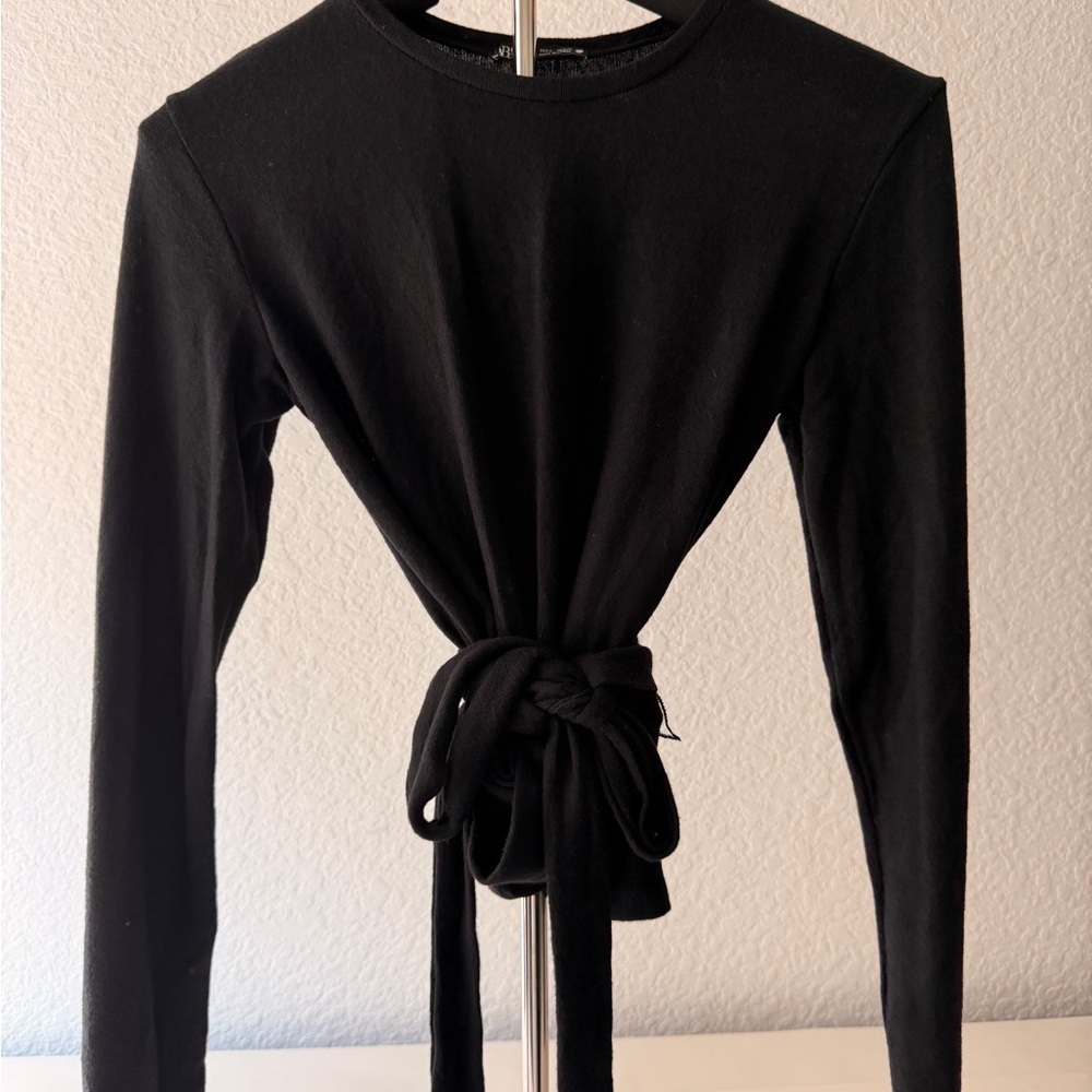 ZARA Black Long Sleeve Blouse Tie Front Back Waist-Enhancing Elegant Top✨